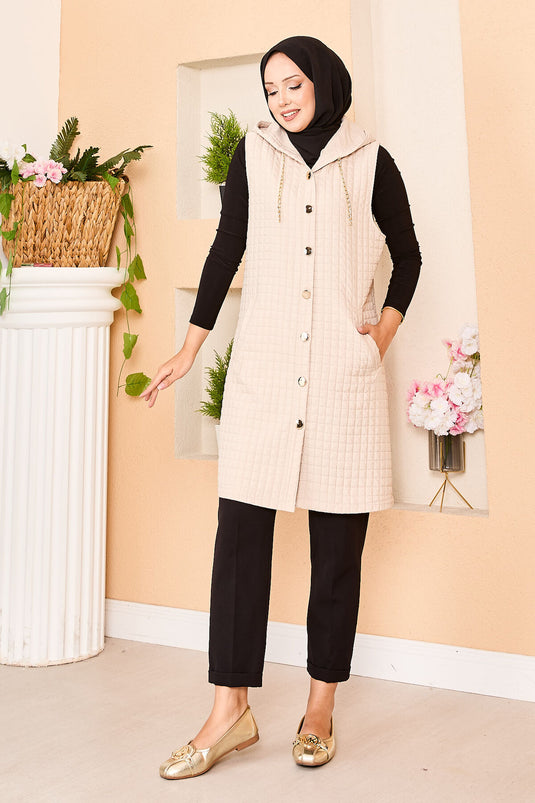 Kapüşonlu Gold Düğme Detaylı Kapitone Yelek Bej