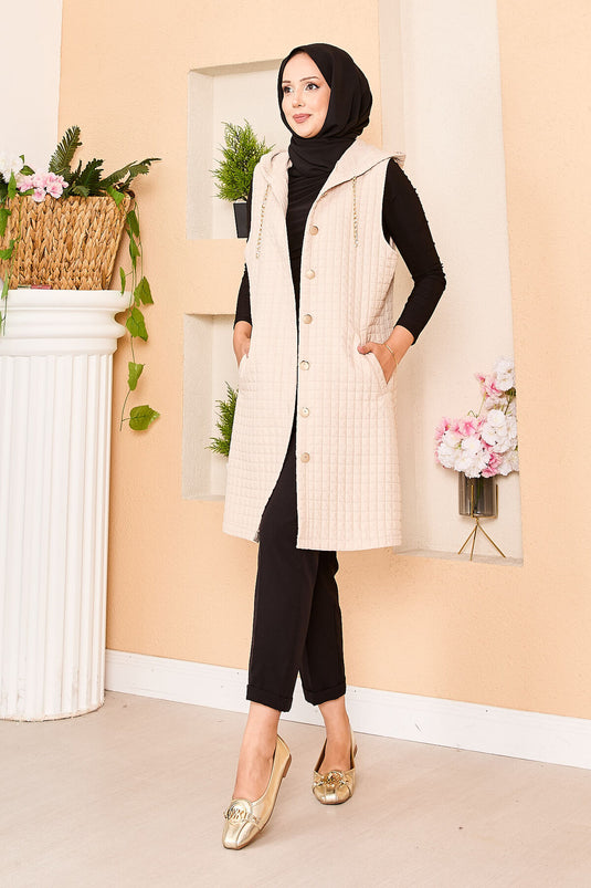 Kapüşonlu Gold Düğme Detaylı Kapitone Yelek Bej