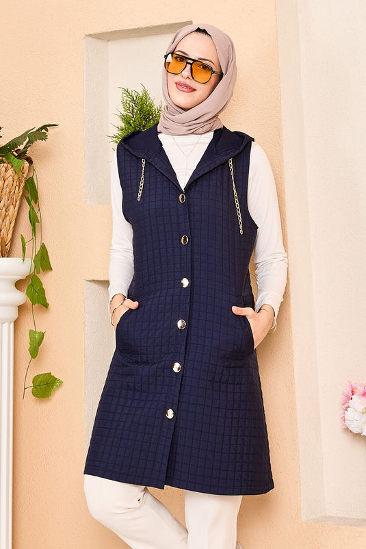 Kapüşonlu Gold Düğme Detaylı Kapitone Yelek Lacivert