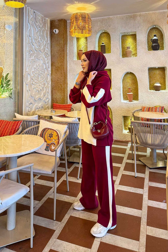 Ensemble tricot bicolore à capuche, bordeaux