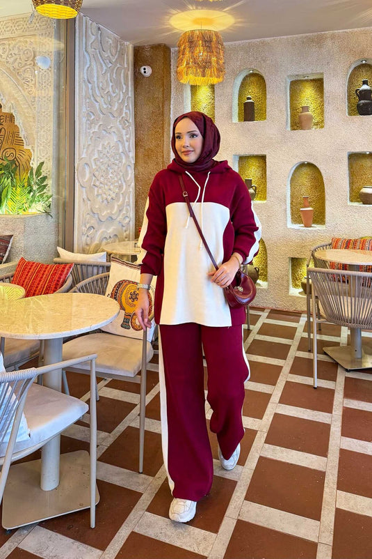 Ensemble tricot bicolore à capuche, bordeaux