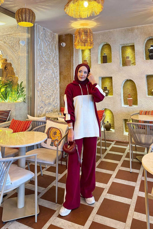 Ensemble tricot bicolore à capuche, bordeaux