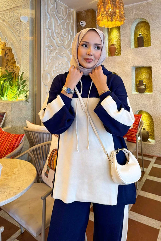 Hooded Two-Tone Knitwear Suit Navy Blue