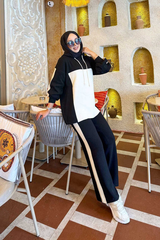 Hooded Two-Tone Knitwear Set Black