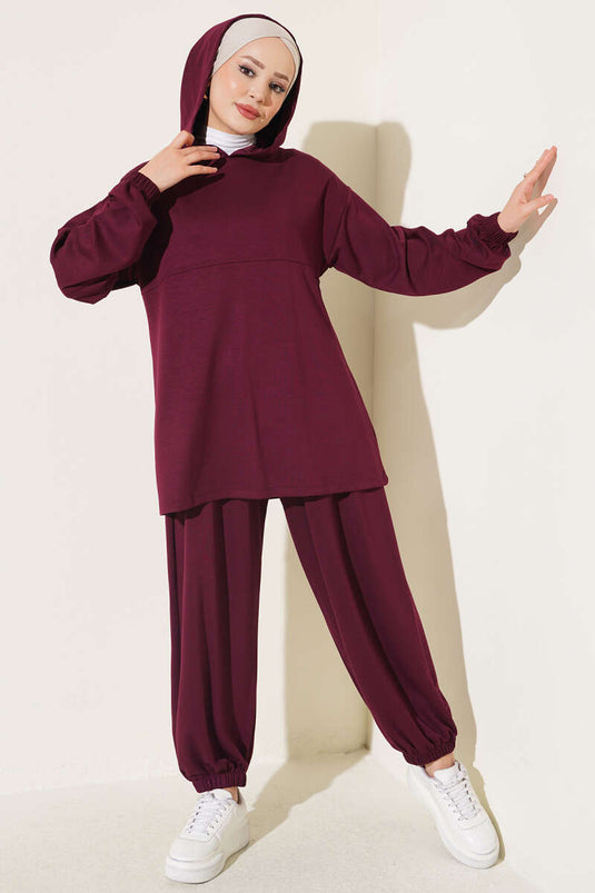 Hooded Drawstring Two-Piece Set In Aubergine