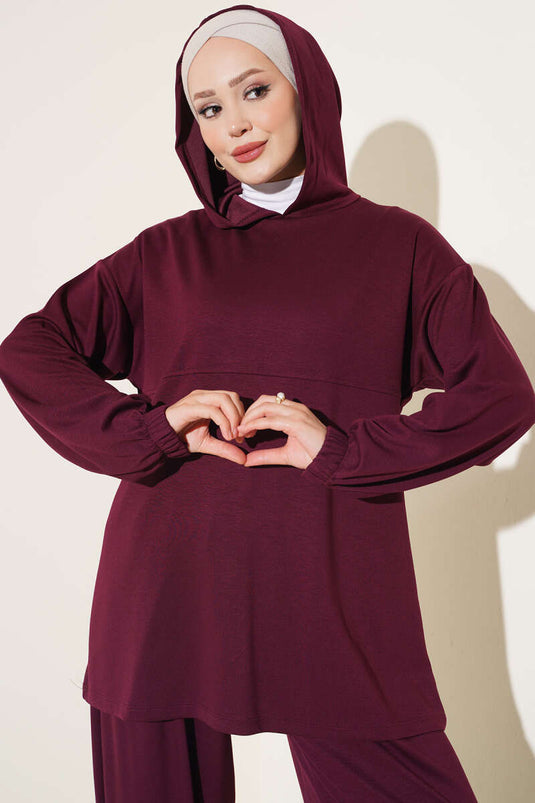Hooded Drawstring Two-Piece Set In Aubergine