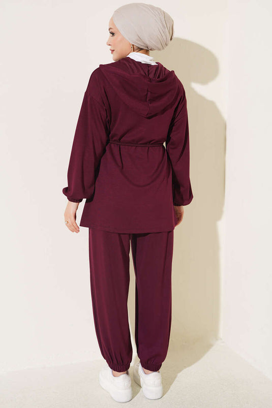Hooded Drawstring Two-Piece Set In Aubergine