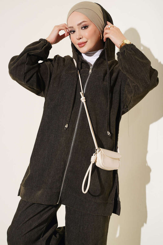 Hooded Fluwelen Twee-Delige Set Khaki