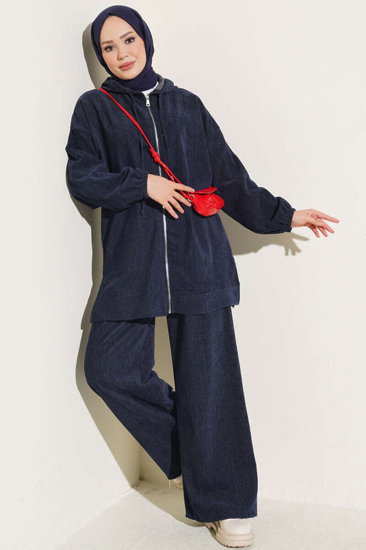 Ensemble Deux Pièces Velours À Capuche Marine