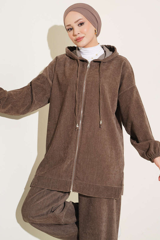 Hooded Fluwelen Twee-Delige Set In Mink