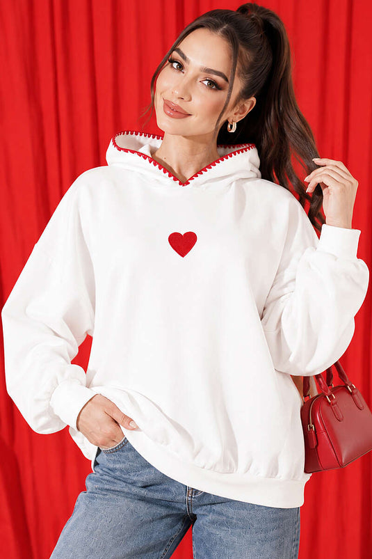 Kapüşonlu Kalp Nakışlı Sweatshirt Ekru