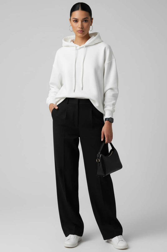 Kapüşonlu Kanguru Cepli Sweatshirt Ekru