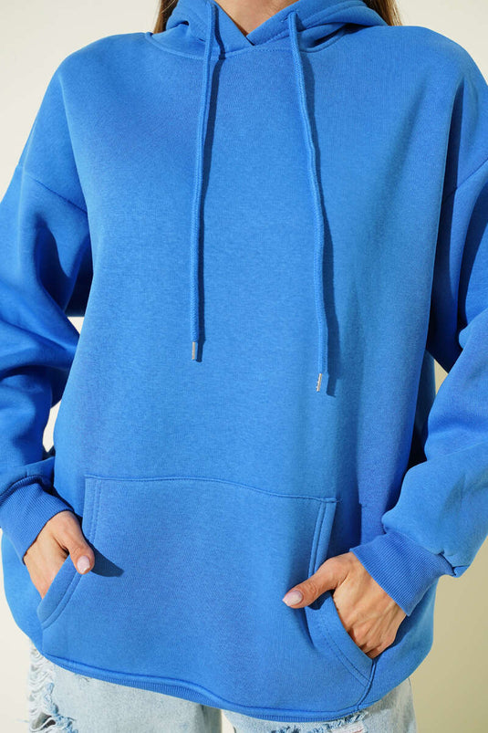 Kapüşonlu Kanguru Cepli Sweatshirt Mavi