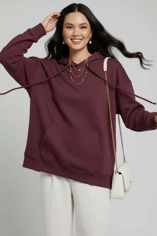 Kapüşonlu Kanguru Cepli Sweatshirt Mürdüm