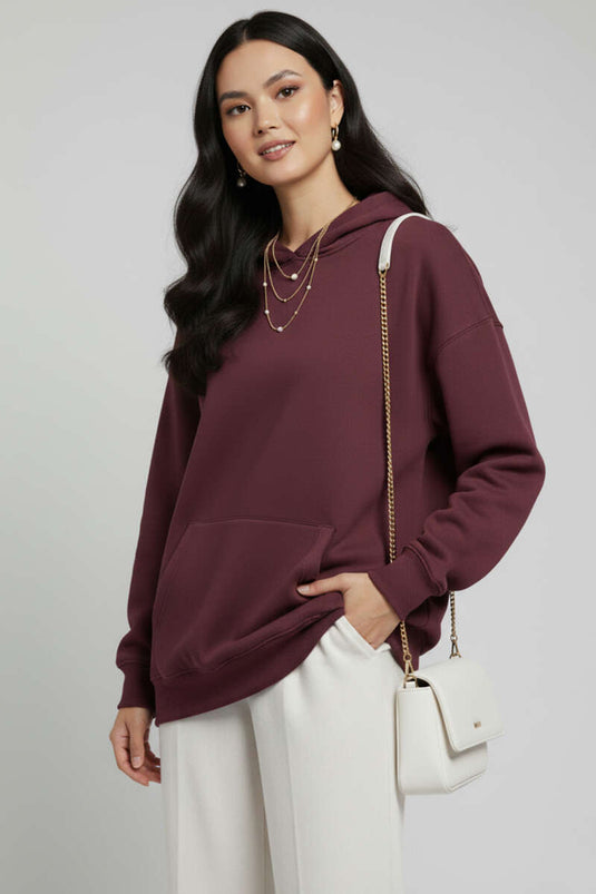 Kapüşonlu Kanguru Cepli Sweatshirt Mürdüm