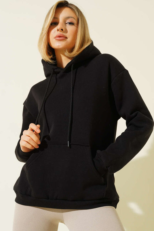 Schwarzes Kapuzen-Sweatshirt Mit Kängurutaschen