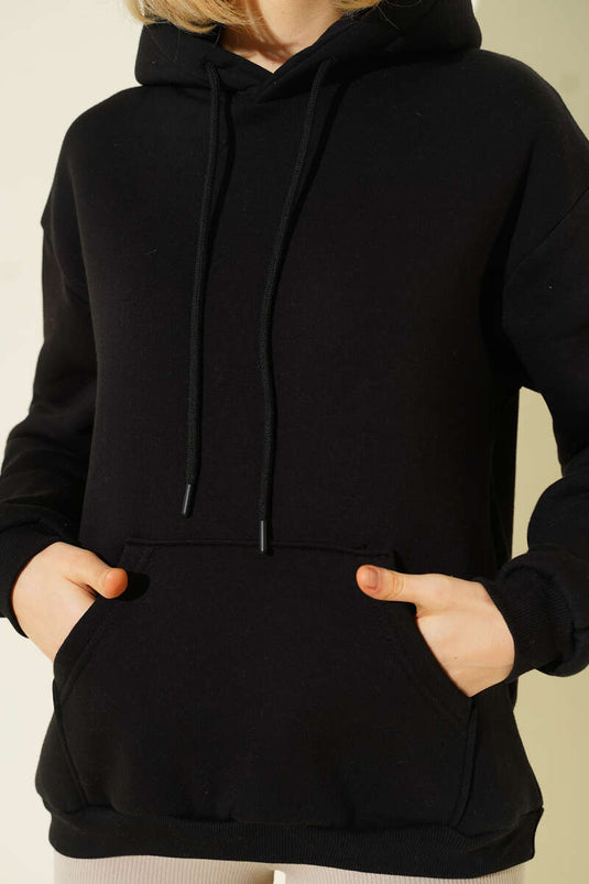 Schwarzes Kapuzen-Sweatshirt Mit Kängurutaschen