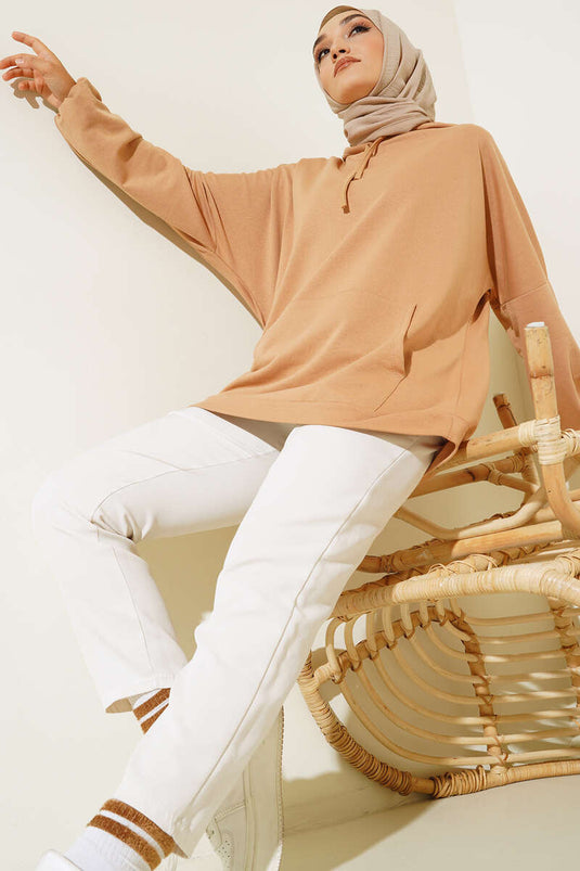 Hooded Kangaroo Pocket Tunic Camel