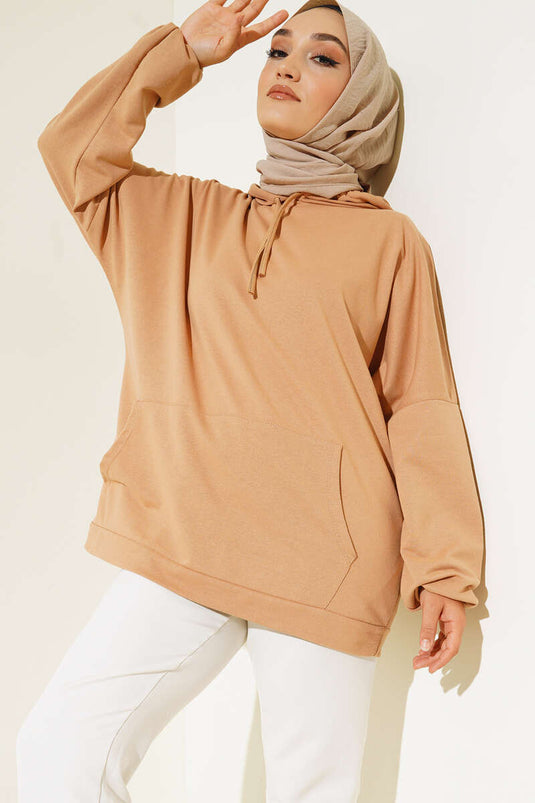 Hooded Kangaroo Pocket Tunic Camel