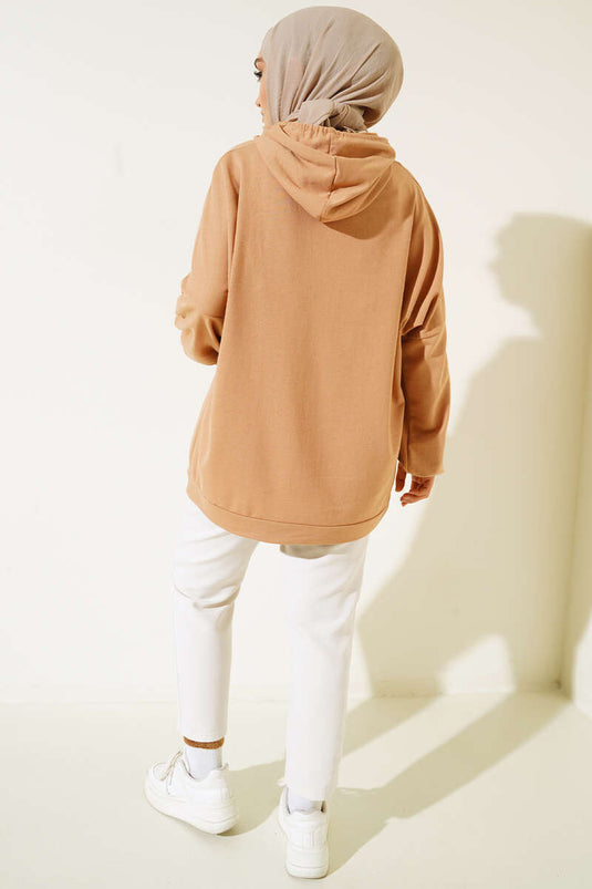 Hooded Kangaroo Pocket Tunic Camel