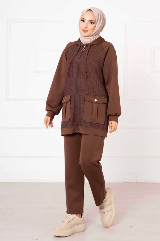 Hooded Quilted Two Piece Suit Brown