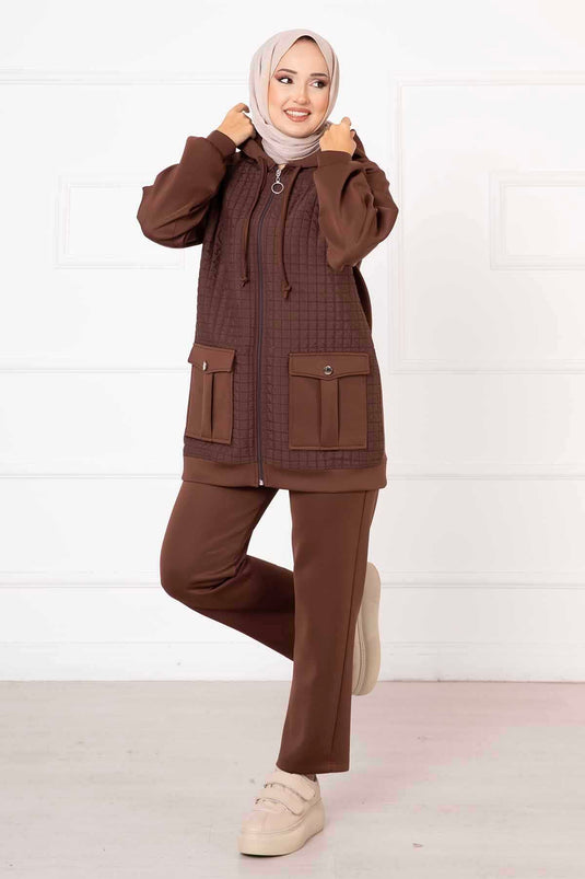 Hooded Quilted Two Piece Suit Brown