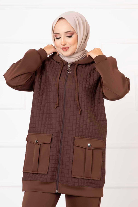 Hooded Quilted Two Piece Suit Brown