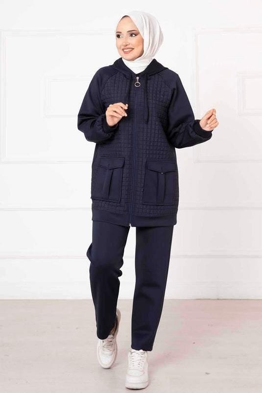 Hooded Quilted Two Piece Suit Navy Blue