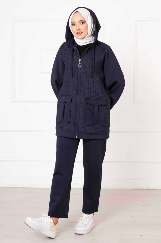 Hooded Quilted Two Piece Suit Navy Blue