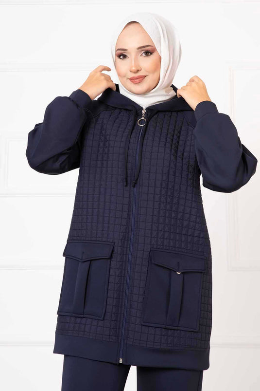 Hooded Quilted Two Piece Suit Navy Blue