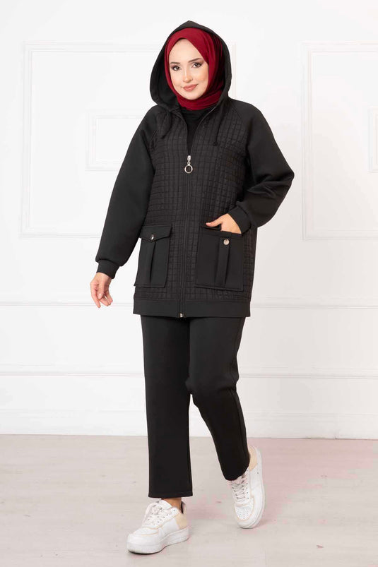 Hooded Quilted Two Piece Suit Black