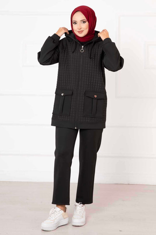 Hooded Quilted Two Piece Suit Black