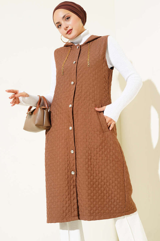 سترة مبطنة بغطاء رأس، لون بني فاتح