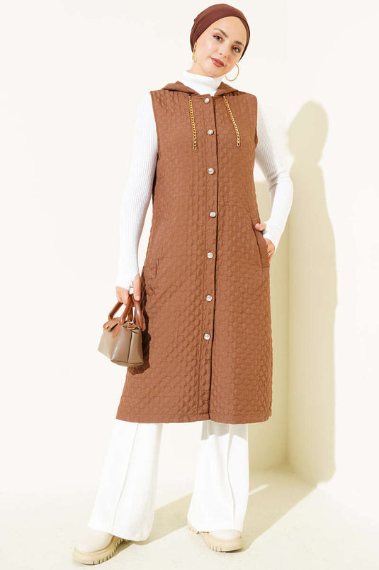 سترة مبطنة بغطاء رأس، لون بني فاتح