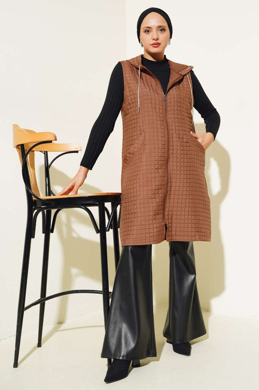 Hooded Quilted Vest Tan