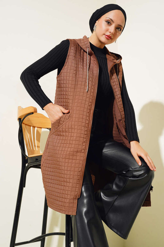 Hooded Quilted Vest Tan