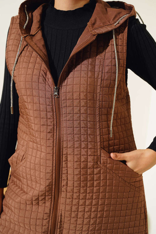 Hooded Quilted Vest Tan