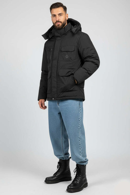 Kapüşonlu Kaz Tüyü Erkek Mont Siyah