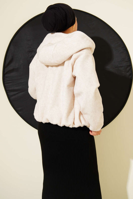 Kapüşonlu Kısa Kaşe Ceket Bej