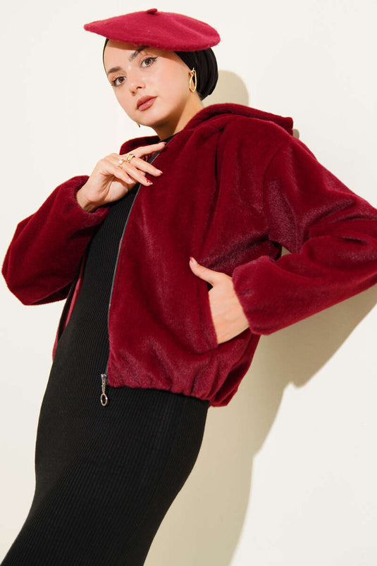 Kapüşonlu Kısa Kaşe Ceket Bordo