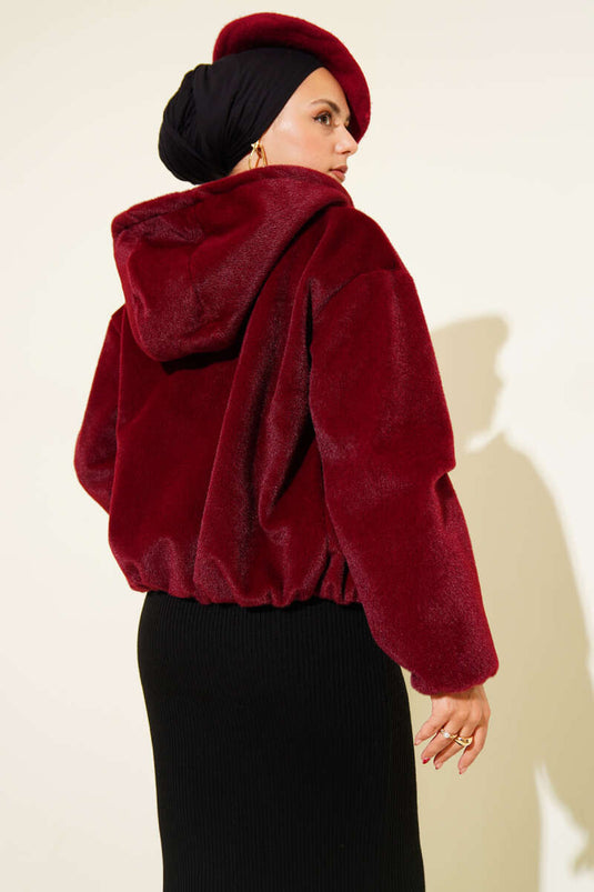 Kapüşonlu Kısa Kaşe Ceket Bordo