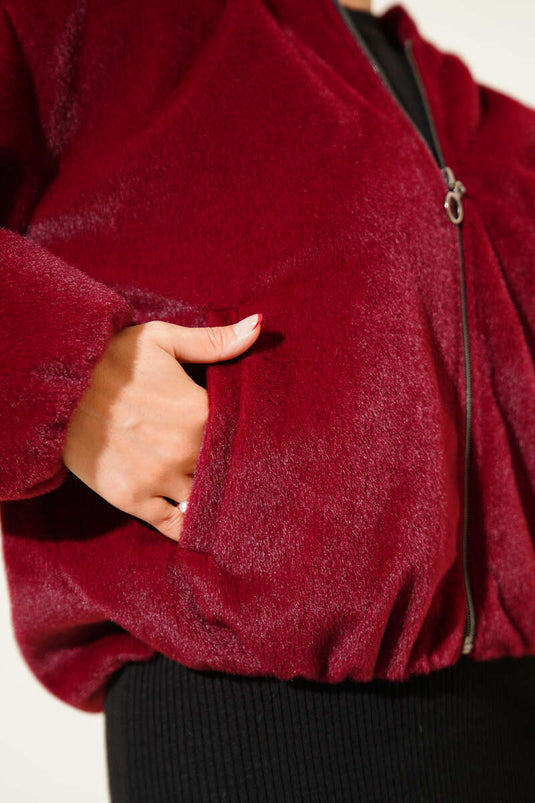 سترة كشمير قصيرة بغطاء رأس، لون عنابي