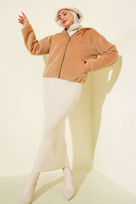 Kapüşonlu Kısa Kaşe Ceket Camel