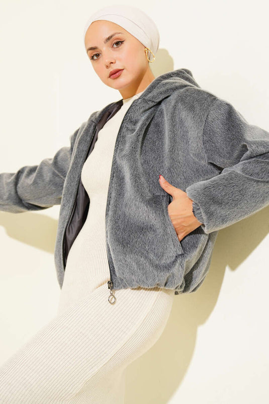 Kapüşonlu Kısa Kaşe Ceket Füme