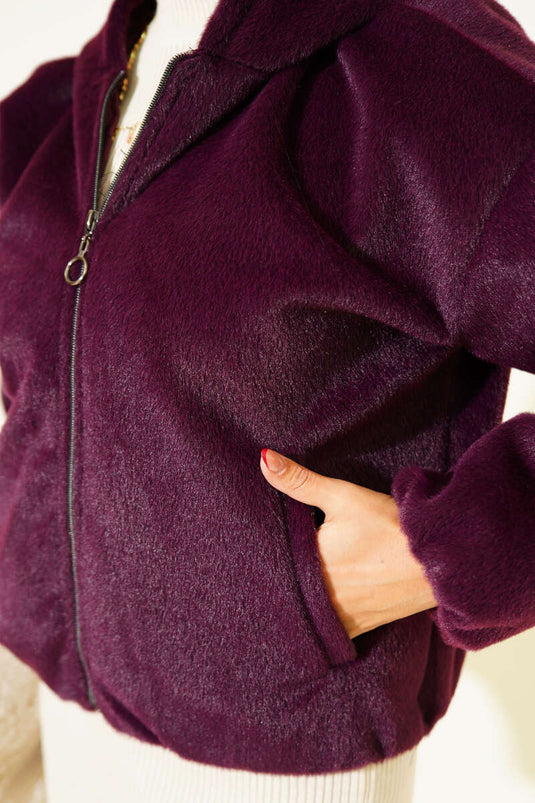 Kapüşonlu Kısa Kaşe Ceket Mürdüm