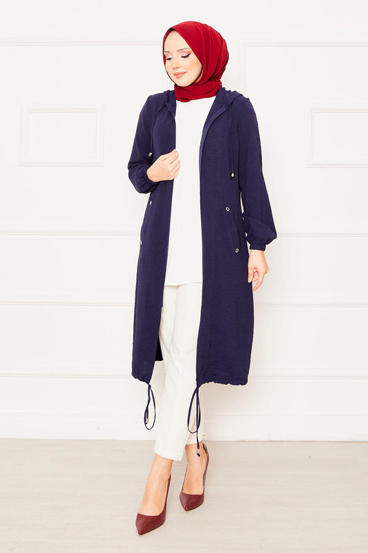 Kapüşonlu Kolları Lastikli Tesettür Kap Lacivert