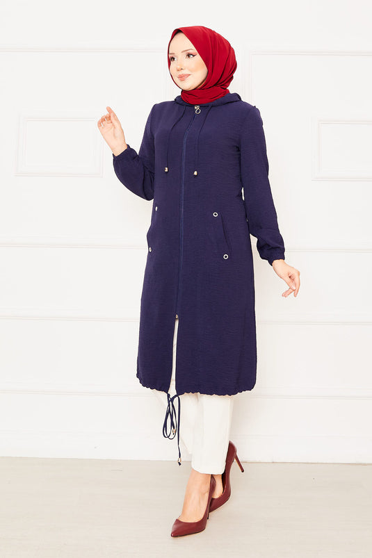 Kapüşonlu Kolları Lastikli Tesettür Kap Lacivert