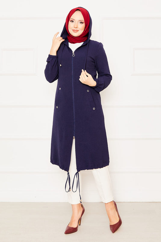 Kapüşonlu Kolları Lastikli Tesettür Kap Lacivert