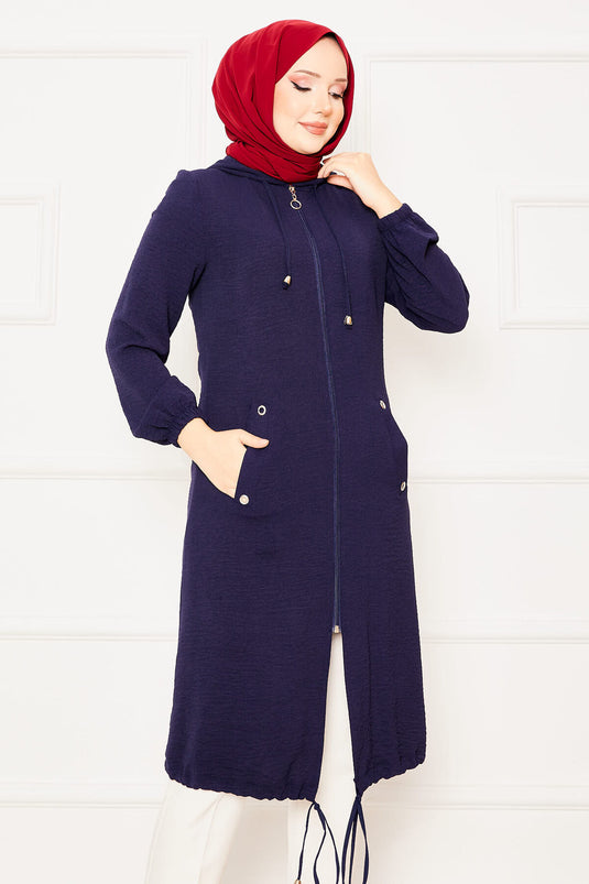 Kapüşonlu Kolları Lastikli Tesettür Kap Lacivert