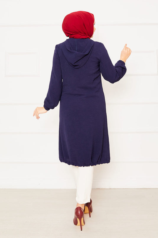 Kapüşonlu Kolları Lastikli Tesettür Kap Lacivert